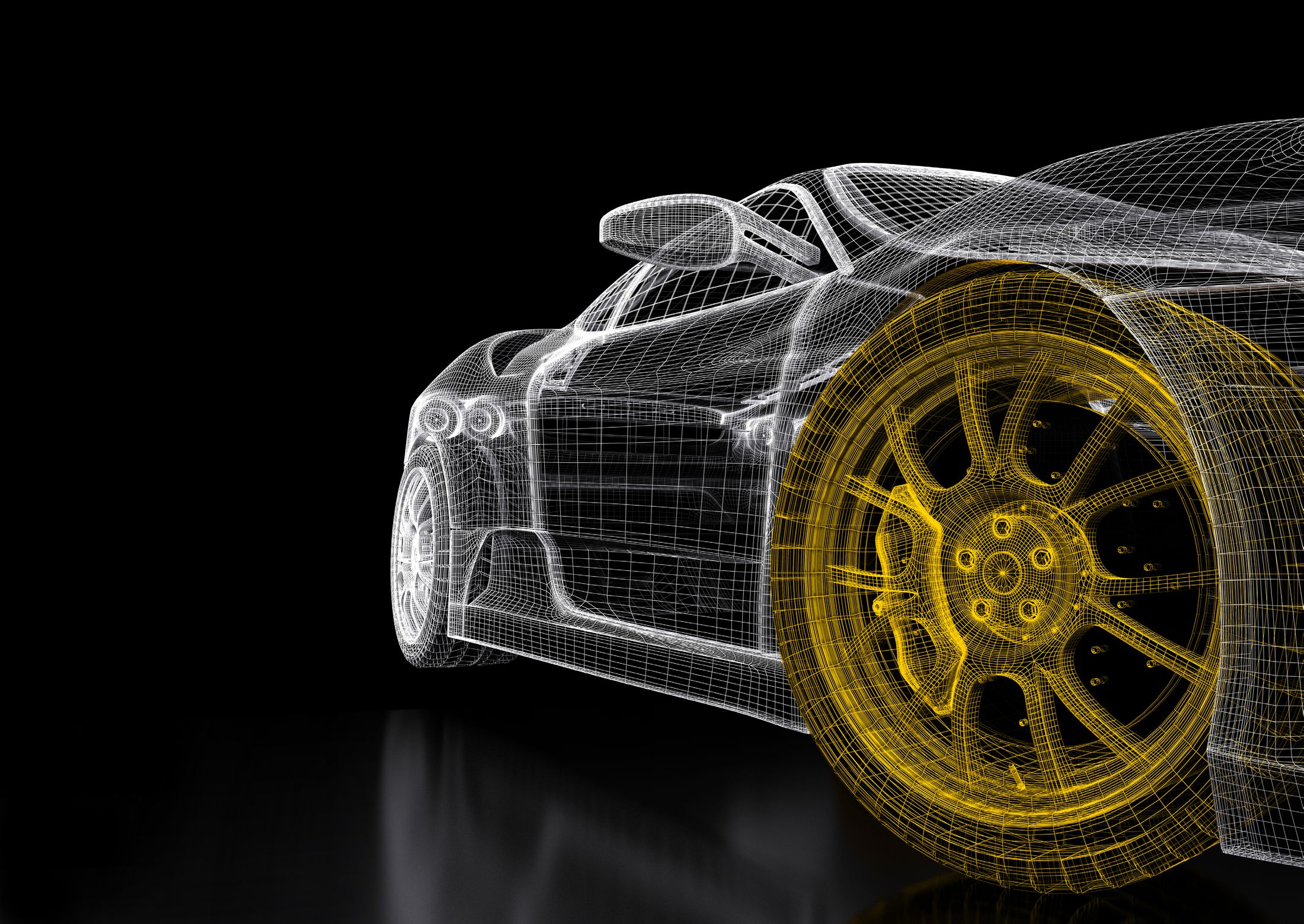 Wireframe drawing of a sports car with one wheel picked out in gold